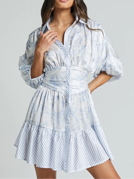 Showpo. Dresses & Skirts - AMABELLA Light Blue & White Floral Puff-Sleeve Mini Dress